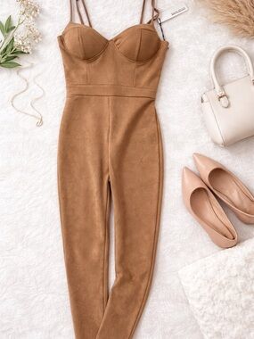 Suede Bustier Jumpsuit in Caramel